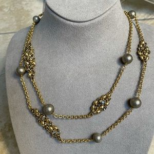 Alexis Bittar long gold, crystal & pearl necklace